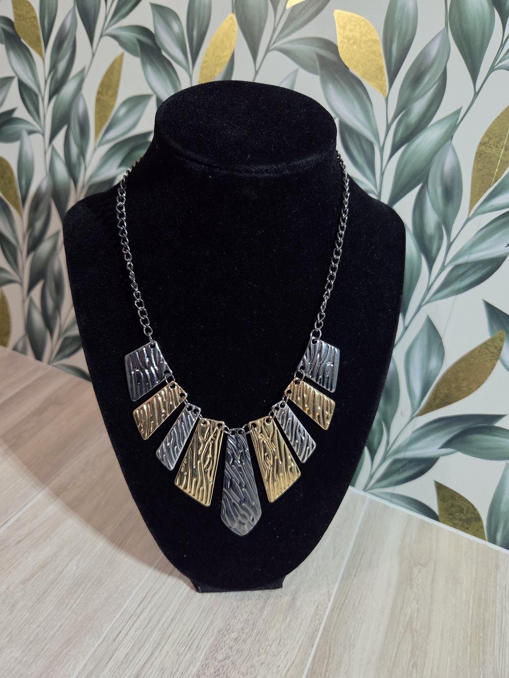 Modern Two Tone Gunmetal & Gold Tone Geometric Bib Statement Necklace 10-12"